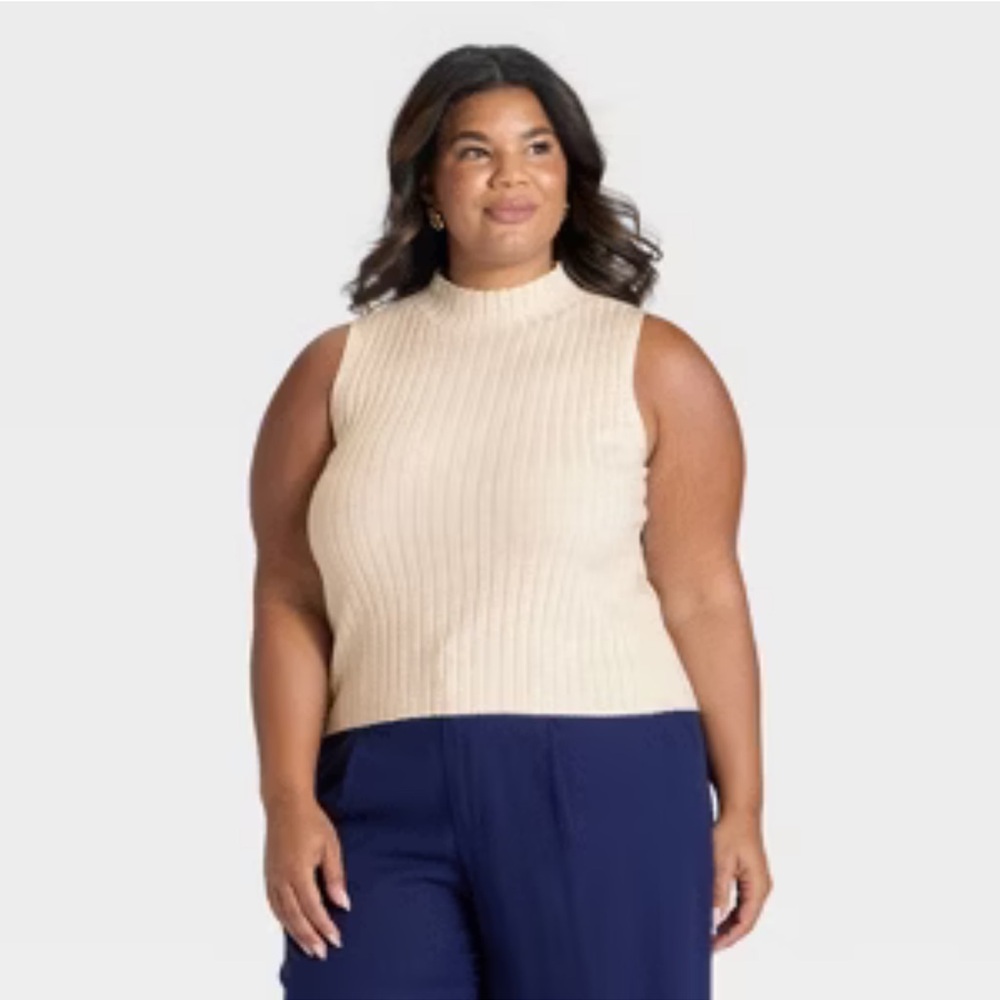 a new day Cream Ribbed Mock Neck Sleeveless Top size large